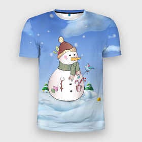 Мужская футболка 3D спортивная с принтом Веселый Снеговичок в Тюмени, 100% полиэстер с улучшенными характеристиками | приталенный силуэт, круглая горловина, широкие плечи, сужается к линии бедра | 2022 | новогодний | новый год | рождество | снег | снеговик