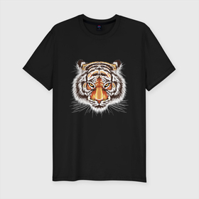Мужская футболка хлопок Slim с принтом Морда тигра от John Art в Санкт-Петербурге, 92% хлопок, 8% лайкра | приталенный силуэт, круглый вырез ворота, длина до линии бедра, короткий рукав | животные | новый год | праздник | тигр