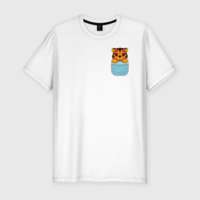 Мужская футболка хлопок Slim с принтом Тигренок в кармане в Курске, 92% хлопок, 8% лайкра | приталенный силуэт, круглый вырез ворота, длина до линии бедра, короткий рукав | 2022 | год тигра | новый год | новый год 2022 | символ года | тигр | тигренок | тигрица | тигры
