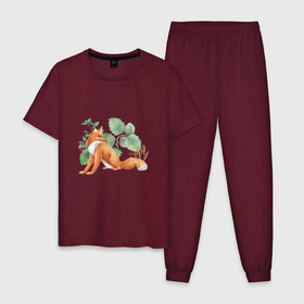 Мужская пижама хлопок с принтом Лисичка и лопухи в Новосибирске, 100% хлопок | брюки и футболка прямого кроя, без карманов, на брюках мягкая резинка на поясе и по низу штанин
 | Тематика изображения на принте: акварелью | волчьи ягоды | красками | лис | лиса | лисенок | лисичка | лисичка и лопухи | лопух | лопухи | рисунок | рябина