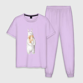 Мужская пижама хлопок с принтом Мишка и рожки в Екатеринбурге, 100% хлопок | брюки и футболка прямого кроя, без карманов, на брюках мягкая резинка на поясе и по низу штанин
 | Тематика изображения на принте: акварелью | в шарфе | красками | медведь | миша | мишка | мишка в шарфе | мишка в шарфу | мишка и рожки | рисунок | шарф