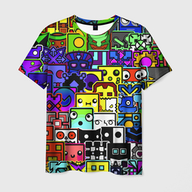 Мужская футболка 3D с принтом GEOMETRY DASH ВСЕ СКИНЫ в Белгороде, 100% полиэфир | прямой крой, круглый вырез горловины, длина до линии бедер | 2d игра | geometry dash | mobile game | robtop | space | геометри даш | космос | кубики | кубы | мобильная игра | неон