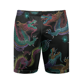 Мужские шорты спортивные с принтом Цветные драконы ,  |  | драконы | иллюстрация | китай | китайские драконы | рисунок