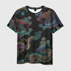 Мужская футболка 3D с принтом Цветные драконы в Кировске, 100% полиэфир | прямой крой, круглый вырез горловины, длина до линии бедер | драконы | иллюстрация | китай | китайские драконы | рисунок