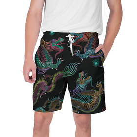 Мужские шорты 3D с принтом Цветные драконы в Екатеринбурге,  полиэстер 100% | прямой крой, два кармана без застежек по бокам. Мягкая трикотажная резинка на поясе, внутри которой широкие завязки. Длина чуть выше колен | драконы | иллюстрация | китай | китайские драконы | рисунок