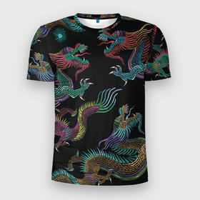 Мужская футболка 3D Slim с принтом Цветные драконы в Екатеринбурге, 100% полиэстер с улучшенными характеристиками | приталенный силуэт, круглая горловина, широкие плечи, сужается к линии бедра | драконы | иллюстрация | китай | китайские драконы | рисунок