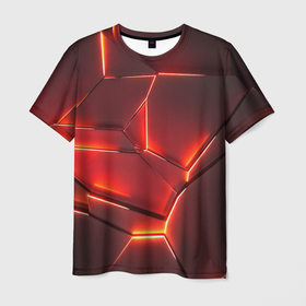Мужская футболка 3D с принтом ПЛИТЫ НА НЕОНЕ , 100% полиэфир | прямой крой, круглый вырез горловины, длина до линии бедер | 3d | иллюстрации | неон | плиты | сияние | текстура | фигуры