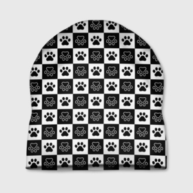 Шапка 3D с принтом Следы на Шахматном Фоне в Санкт-Петербурге, 100% полиэстер | универсальный размер, печать по всей поверхности изделия | Тематика изображения на принте: black white | chess | dog | dog pawprints | paws | животное | зверь | лапы | пёс | следы от лап | собака | собачьи следы от лап | хищник | чёрно белое | шахматка | щенок