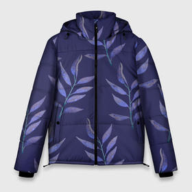 Мужская зимняя куртка 3D с принтом Листья на темно синем фоне в Курске, верх — 100% полиэстер; подкладка — 100% полиэстер; утеплитель — 100% полиэстер | длина ниже бедра, свободный силуэт Оверсайз. Есть воротник-стойка, отстегивающийся капюшон и ветрозащитная планка. 

Боковые карманы с листочкой на кнопках и внутренний карман на молнии. | 8 марта | leaves | march 8 | spring | ботаническая иллюстрация | весна | день рождения | лето | листья | любовь | праздник | принт | природа | растения | синий