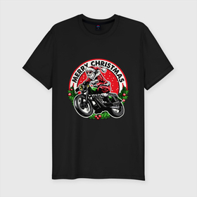 Мужская футболка хлопок Slim с принтом Santa Bikеr в Тюмени, 92% хлопок, 8% лайкра | приталенный силуэт, круглый вырез ворота, длина до линии бедра, короткий рукав | bike | biker | merry christmas | moto | santa | байк | байкер | мерри кристмас | мотоцикл | новый год | санта