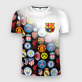Мужская футболка 3D Slim с принтом FC BARCELONA LOGOBOMBING , 100% полиэстер с улучшенными характеристиками | приталенный силуэт, круглая горловина, широкие плечи, сужается к линии бедра | barca | barcelona | fc barca | барка | барселона