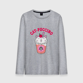 Мужской лонгслив хлопок с принтом Pink CatPuccino , 100% хлопок |  | арт | иллюстрация | каппучино | котейка | котенок | кофе | кошечка | трубочка