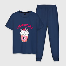 Мужская пижама хлопок с принтом Pink CatPuccino в Кировске, 100% хлопок | брюки и футболка прямого кроя, без карманов, на брюках мягкая резинка на поясе и по низу штанин
 | арт | иллюстрация | каппучино | котейка | котенок | кофе | кошечка | трубочка