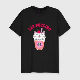Мужская футболка хлопок Slim с принтом Pink CatPuccino в Санкт-Петербурге, 92% хлопок, 8% лайкра | приталенный силуэт, круглый вырез ворота, длина до линии бедра, короткий рукав | Тематика изображения на принте: арт | иллюстрация | каппучино | котейка | котенок | кофе | кошечка | трубочка