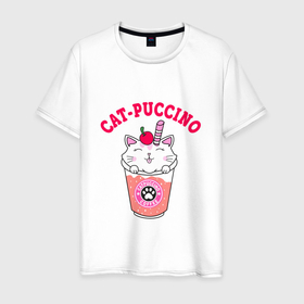 Мужская футболка хлопок с принтом Pink CatPuccino в Новосибирске, 100% хлопок | прямой крой, круглый вырез горловины, длина до линии бедер, слегка спущенное плечо. | арт | иллюстрация | каппучино | котейка | котенок | кофе | кошечка | трубочка