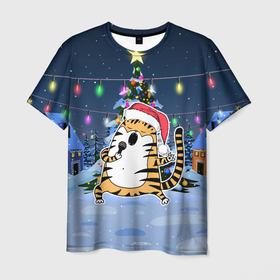 Мужская футболка 3D с принтом Тигр поел у елки в Санкт-Петербурге, 100% полиэфир | прямой крой, круглый вырез горловины, длина до линии бедер | 2022 | год тигра | новый год | новый год 2022 | символ года | тигр | тигренок | тигрица | тигры