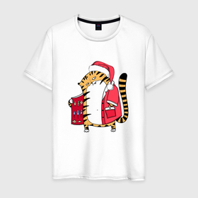 Мужская футболка хлопок с принтом Тигр тайно продает рыбу в Курске, 100% хлопок | прямой крой, круглый вырез горловины, длина до линии бедер, слегка спущенное плечо. | 2022 | год тигра | новый год | новый год 2022 | символ года | тигр | тигренок | тигрица | тигры
