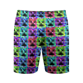 Мужские шорты спортивные с принтом МАЙНКРАФТ   MINECRAFT ЦВЕТНЫЕ КРИПЕРЫ ,  |  | block | creeper | cube | minecraft | pixel | tnt | блок | геометрия | крафт | крипер | кубики | майнкрафт | пиксели | тнт