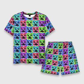 Мужской костюм с шортами 3D с принтом МАЙНКРАФТ   MINECRAFT ЦВЕТНЫЕ КРИПЕРЫ в Екатеринбурге,  |  | Тематика изображения на принте: block | creeper | cube | minecraft | pixel | tnt | блок | геометрия | крафт | крипер | кубики | майнкрафт | пиксели | тнт