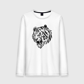 Мужской лонгслив хлопок с принтом Тигр черный на белом , 100% хлопок |  | tiger | год тигра | голова | кошка | крутой | тату | татуировка | тигр | тигренок