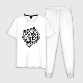 Мужская пижама хлопок с принтом Тигр черный на белом , 100% хлопок | брюки и футболка прямого кроя, без карманов, на брюках мягкая резинка на поясе и по низу штанин
 | tiger | год тигра | голова | кошка | крутой | тату | татуировка | тигр | тигренок