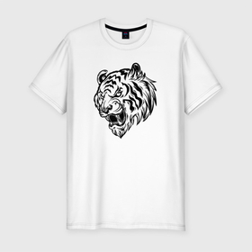 Мужская футболка хлопок Slim с принтом Тигр черный на белом в Санкт-Петербурге, 92% хлопок, 8% лайкра | приталенный силуэт, круглый вырез ворота, длина до линии бедра, короткий рукав | tiger | год тигра | голова | кошка | крутой | тату | татуировка | тигр | тигренок