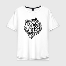 Мужская футболка хлопок Oversize с принтом Тигр черный на белом в Екатеринбурге, 100% хлопок | свободный крой, круглый ворот, “спинка” длиннее передней части | tiger | год тигра | голова | кошка | крутой | тату | татуировка | тигр | тигренок