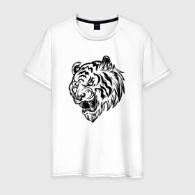 Мужская футболка хлопок с принтом Тигр черный на белом в Курске, 100% хлопок | прямой крой, круглый вырез горловины, длина до линии бедер, слегка спущенное плечо. | tiger | год тигра | голова | кошка | крутой | тату | татуировка | тигр | тигренок