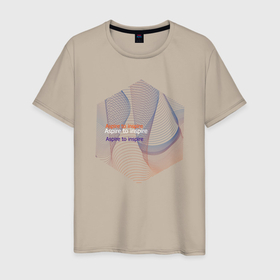 Мужская футболка хлопок с принтом Aspire to inspire(стремись вдохновлять) в Тюмени, 100% хлопок | прямой крой, круглый вырез горловины, длина до линии бедер, слегка спущенное плечо. | абстракция | английский | волны | геометрия | цитата