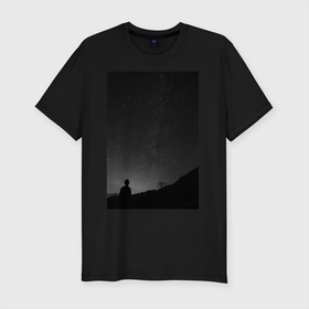 Мужская футболка хлопок Slim с принтом Темное небо в Петрозаводске, 92% хлопок, 8% лайкра | приталенный силуэт, круглый вырез ворота, длина до линии бедра, короткий рукав | звездное небо | звезды | ночной пейзаж | ночь | природа