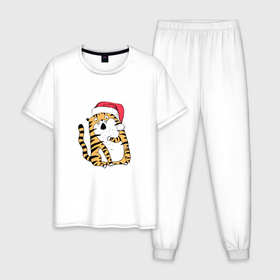 Мужская пижама хлопок с принтом Удивленный новогодний тигр , 100% хлопок | брюки и футболка прямого кроя, без карманов, на брюках мягкая резинка на поясе и по низу штанин
 | 2022 | год тигра | новый год | новый год 2022 | символ года | тигр | тигренок | тигрица | тигры
