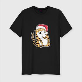 Мужская футболка хлопок Slim с принтом Удивленный новогодний тигр в Новосибирске, 92% хлопок, 8% лайкра | приталенный силуэт, круглый вырез ворота, длина до линии бедра, короткий рукав | 2022 | год тигра | новый год | новый год 2022 | символ года | тигр | тигренок | тигрица | тигры