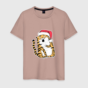 Мужская футболка хлопок с принтом Удивленный новогодний тигр , 100% хлопок | прямой крой, круглый вырез горловины, длина до линии бедер, слегка спущенное плечо. | 2022 | год тигра | новый год | новый год 2022 | символ года | тигр | тигренок | тигрица | тигры