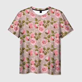 Мужская футболка 3D с принтом Нежные розовые розы в Тюмени, 100% полиэфир | прямой крой, круглый вырез горловины, длина до линии бедер | арт | бутон | бутон розы | бутоны | бутоны роз | бутоны цветов | жемчуг | жемчужины | рисунок | роза | розовая роза | розовые бутоны | розовые розы | розовый бутон | розы | цветок | цветы | яркие цветы