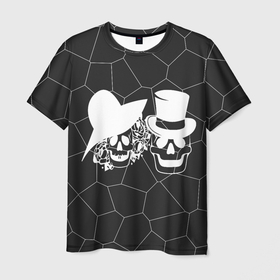 Мужская футболка 3D с принтом Вечная парочка , 100% полиэфир | прямой крой, круглый вырез горловины, длина до линии бедер | абстракция | любовь | скелет | цветы | черепа