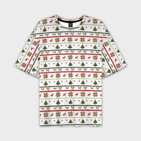 Мужская футболка OVERSIZE 3D с принтом узор новогодний Бело красно зеленый в Санкт-Петербурге,  |  | deer | new year | елка | колокольчики | новый год | олень | растение | снежинка | узор