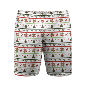 Мужские шорты спортивные с принтом узор новогодний Бело красно зеленый ,  |  | deer | new year | елка | колокольчики | новый год | олень | растение | снежинка | узор