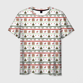 Мужская футболка 3D с принтом узор новогодний Бело красно зеленый в Белгороде, 100% полиэфир | прямой крой, круглый вырез горловины, длина до линии бедер | deer | new year | елка | колокольчики | новый год | олень | растение | снежинка | узор