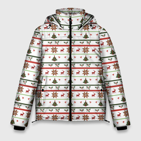 Мужская зимняя куртка 3D с принтом узор новогодний Бело красно зеленый в Тюмени, верх — 100% полиэстер; подкладка — 100% полиэстер; утеплитель — 100% полиэстер | длина ниже бедра, свободный силуэт Оверсайз. Есть воротник-стойка, отстегивающийся капюшон и ветрозащитная планка. 

Боковые карманы с листочкой на кнопках и внутренний карман на молнии. | Тематика изображения на принте: deer | new year | елка | колокольчики | новый год | олень | растение | снежинка | узор