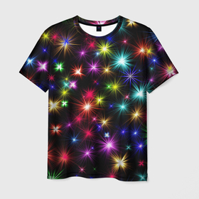 Мужская футболка 3D с принтом ПРАЗДНИЧНЫЕ ОГОНЬКИ в Белгороде, 100% полиэфир | прямой крой, круглый вырез горловины, длина до линии бедер | Тематика изображения на принте: christmas | lights | new year | stars | гирлянда | звезды | зима | новый год | огни | праздник | разноцветные | текстура | яркие