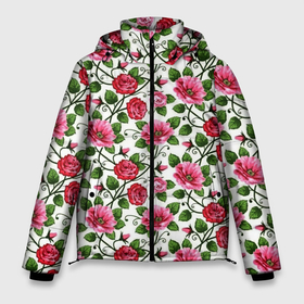Мужская зимняя куртка 3D с принтом Розовые кусты цветов в Белгороде, верх — 100% полиэстер; подкладка — 100% полиэстер; утеплитель — 100% полиэстер | длина ниже бедра, свободный силуэт Оверсайз. Есть воротник-стойка, отстегивающийся капюшон и ветрозащитная планка. 

Боковые карманы с листочкой на кнопках и внутренний карман на молнии. | арт | весна | куст | куст роз | кусты роз | рисунок | роза | розовая роза | розовые розы | розовые цветы | розовый цветок | розы | цветок | цветы | яркие цветы | яркий цветок