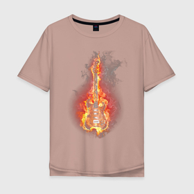 Мужская футболка хлопок Oversize с принтом Burning guitar в Белгороде, 100% хлопок | свободный крой, круглый ворот, “спинка” длиннее передней части | гитара | музыка | огонь | пламя | рок