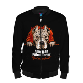 Мужской бомбер 3D с принтом Американский Питбультерьер (Pit Bull) в Екатеринбурге, 100% полиэстер | застегивается на молнию, по бокам два кармана без застежек, по низу бомбера и на воротнике - эластичная резинка | Тематика изображения на принте: american pit bull terrier | boxer | bulldog | fighting dog | pit bull | американский питбультерьер | бойцовская собака | бойцовский пес | боксер | бульдог | волкодав | друг человека | кинолог | пес | питбуль | питбультерьер