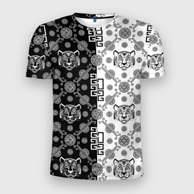Мужская футболка 3D Slim с принтом Тигры в китайском стиле (pattern) в Белгороде, 100% полиэстер с улучшенными характеристиками | приталенный силуэт, круглая горловина, широкие плечи, сужается к линии бедра | cat | tiger | год тигра | зверь | кошка | символ года | тигр | хищник