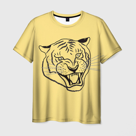Мужская футболка 3D с принтом тигр на золотом фоне в Петрозаводске, 100% полиэфир | прямой крой, круглый вырез горловины, длина до линии бедер | art line | chinese calendar | contour | golden | head | mascot | muzzle | new year | symbol | tiger | year of the tiger | арт лайн | год тигра | голова | золотой | китайский календарь | контур | новогодний | новый год | символ | талисман | тигр