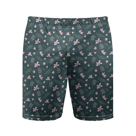 Мужские шорты спортивные с принтом винтажный узор с цветами ,  |  | Тематика изображения на принте: абстрактный цветочный | винтажный | зеленый | лист | узор | цветок | цветочный