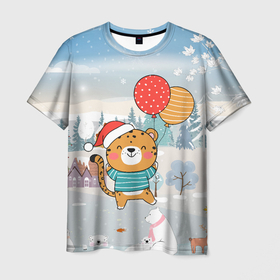 Мужская футболка 3D с принтом Новогодний тигренок с шариками в Тюмени, 100% полиэфир | прямой крой, круглый вырез горловины, длина до линии бедер | 2022 | год тигра | новый год | новый год 2022 | символ года | тигр | тигренок | тигрица | тигры