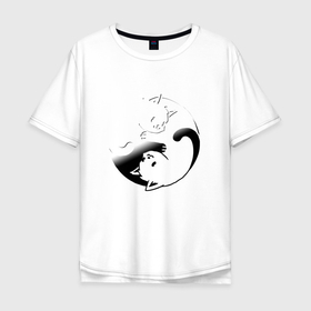 Мужская футболка хлопок Oversize с принтом ИНЬ ЯНЬ КОТИКИ, ЧЁРНО БЕЛОЕ в Белгороде, 100% хлопок | свободный крой, круглый ворот, “спинка” длиннее передней части | Тематика изображения на принте: anime | cat | cats | kitten | love | philosophy | yang | yin | yoga | аниме | инь | йога | кот | котенок | котик | котики | коты | любовь | противоположность | сердце | философия | ян