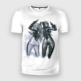 Мужская футболка 3D Slim с принтом Warframe Sisters в Новосибирске, 100% полиэстер с улучшенными характеристиками | приталенный силуэт, круглая горловина, широкие плечи, сужается к линии бедра | Тематика изображения на принте: броня | будущее | война | девушки | космос