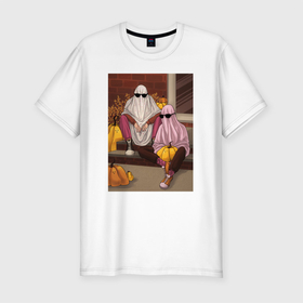 Мужская футболка хлопок Slim с принтом Приведения от John Art в Новосибирске, 92% хлопок, 8% лайкра | приталенный силуэт, круглый вырез ворота, длина до линии бедра, короткий рукав | halloween | очки | призрак | простыни | тыква | хэллоуин